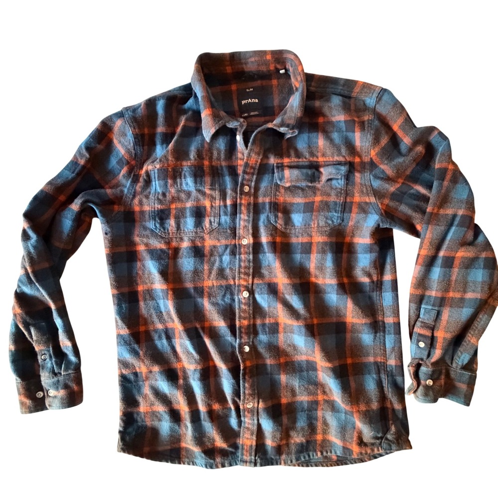 Prana Mens XL Slim Organic Cotton Heavy Flannel Plaid Shirt Blue Orange